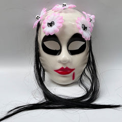 Gothic Day of the Dead Female Ghost Mask - Realistic Long-Haired Sugar Skull Veiled Headwear - Haunting Masquerade Party Costume & Haunted House Prop
