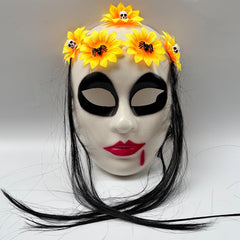 Gothic Day of the Dead Female Ghost Mask - Realistic Long-Haired Sugar Skull Veiled Headwear - Haunting Masquerade Party Costume & Haunted House Prop
