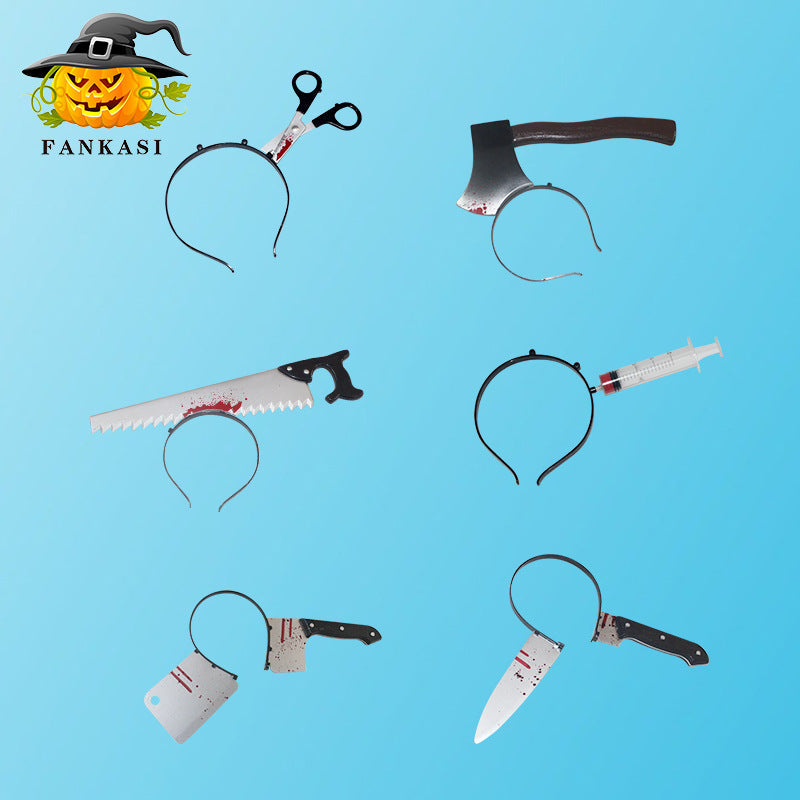 Halloween Horror Headband Props - Realistic Bloody Knife, Syringe, and Scissors Hair Accessories - Spooky Masquerade Costume Jewelry for Haunted House Pranks