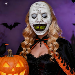 Possessed Demon Girl Mask - Realistic Distorted Face Horror Headgear with Spooky White Eyes for Halloween Cosplay and Haunted House Props