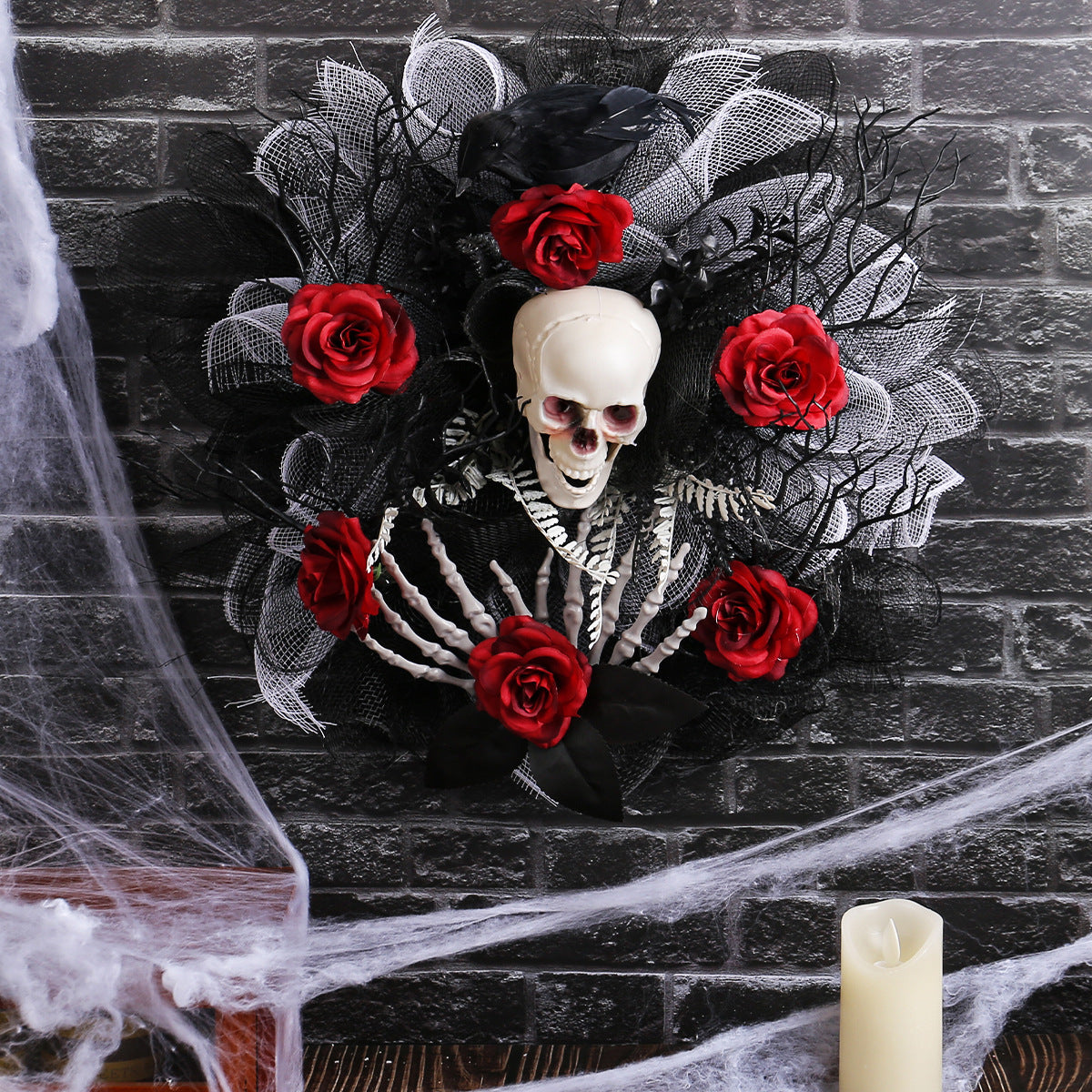 Spooky Red Rose & Skull Floral Wreath - 16-inch Gothic Mesh Door Decor for Halloween Parties and Haunted House Props