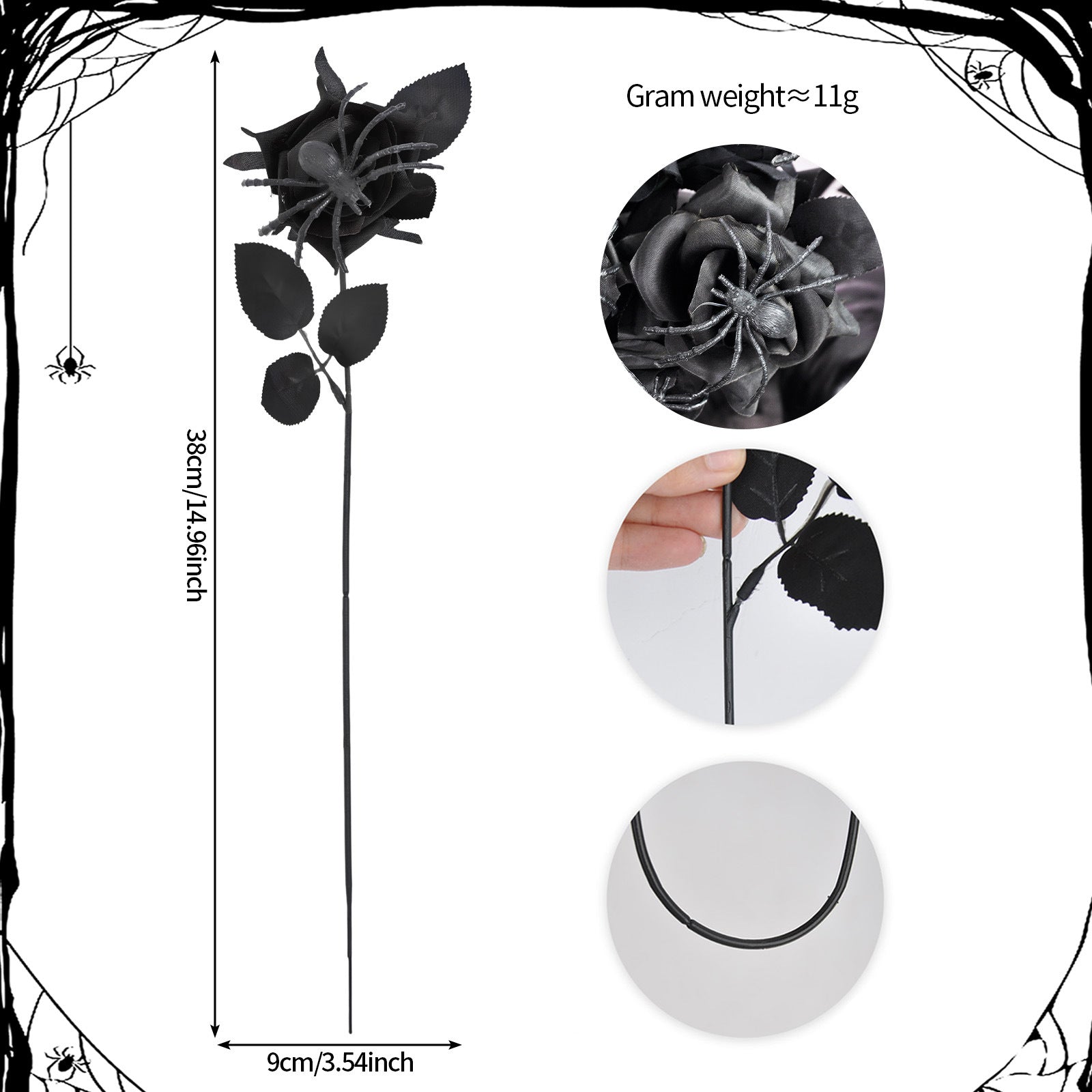 Artificial Halloween Floral Picks with Skulls and Spiders - 15-inch Gothic Rose Stems for Spooky Flower Arrangements and DIY Wreath Accents