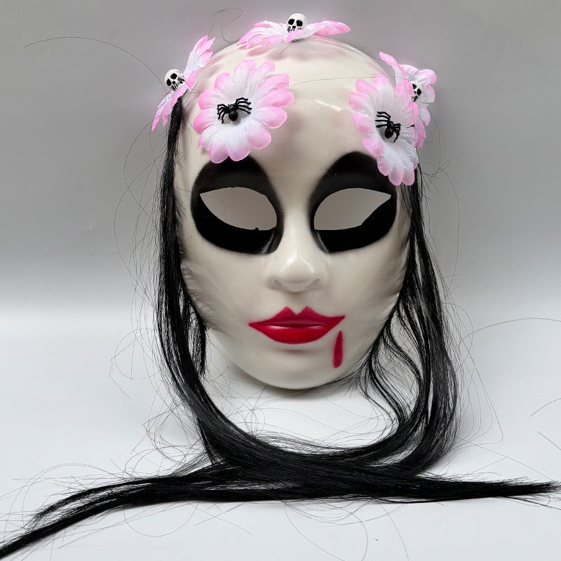 Gothic Day of the Dead Female Ghost Mask - Realistic Long-Haired Sugar Skull Veiled Headwear - Haunting Masquerade Party Costume & Haunted House Prop