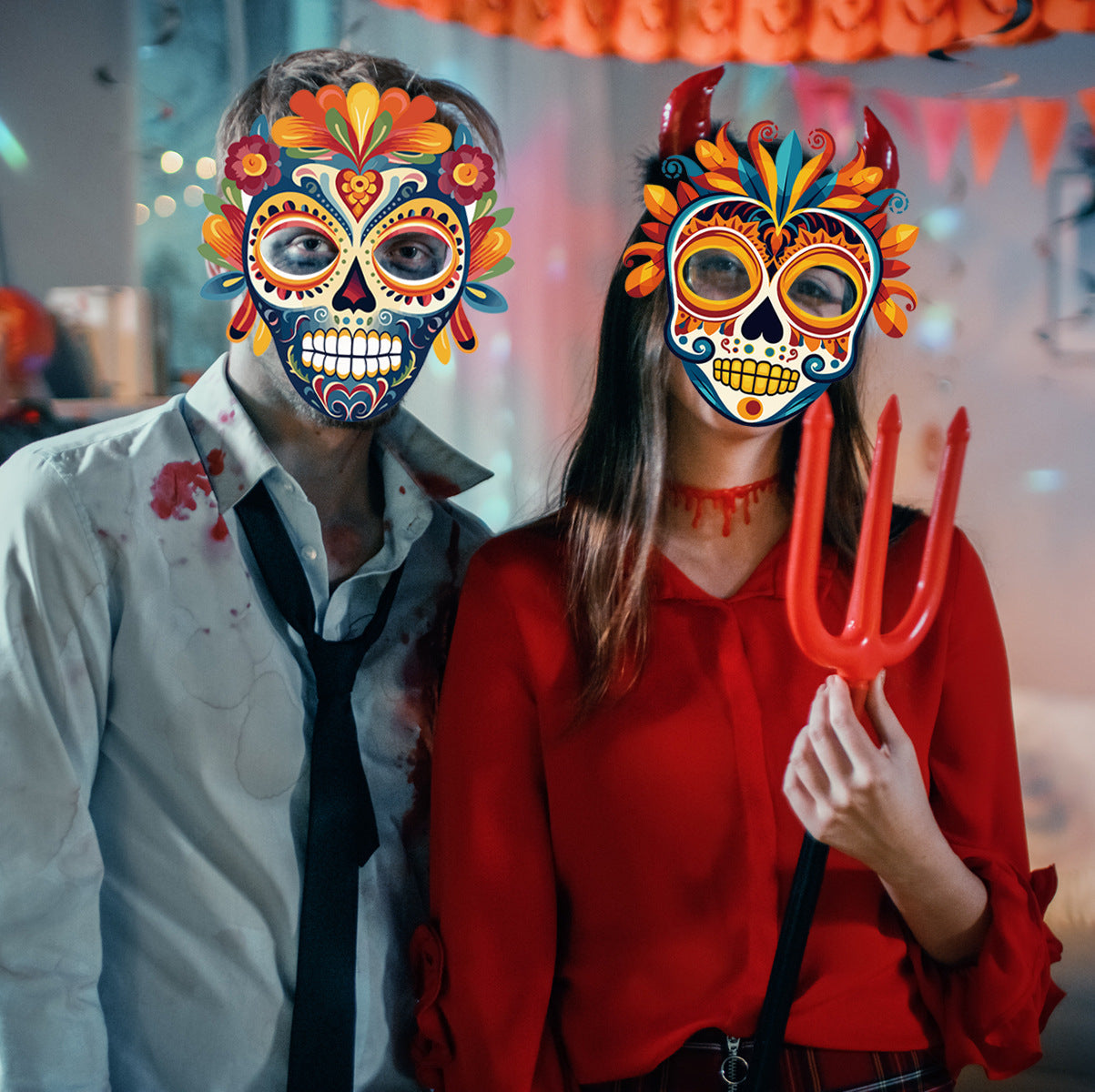 Day of the Dead Sugar Skull Paper Masks - 6-Piece Vibrant Calavera Face Decor for Masquerade Parties, Dance Performances, and Fiesta Celebrations