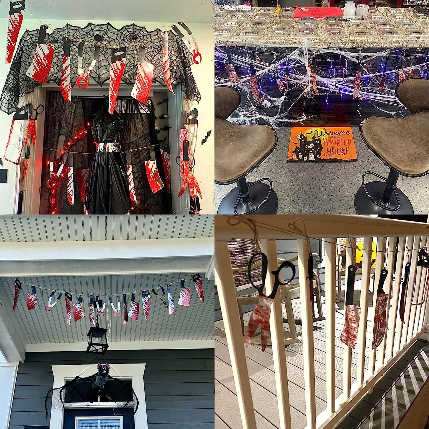 Bloody Slasher Weapon Garland - Realistic Horror Knife Banner and Hanging Pendant Props for Haunted House and Party Wall Decor