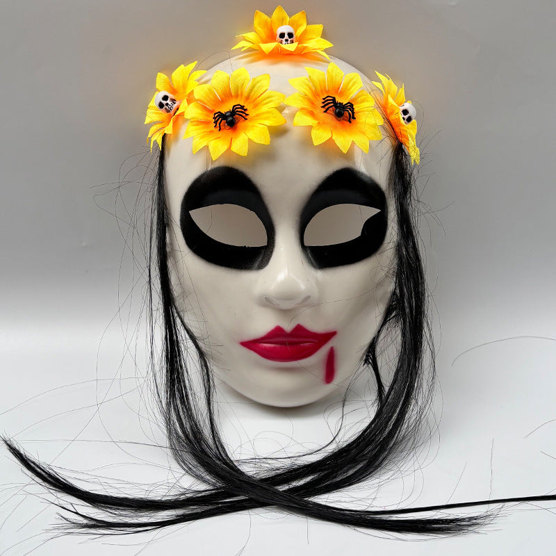 Gothic Day of the Dead Female Ghost Mask - Realistic Long-Haired Sugar Skull Veiled Headwear - Haunting Masquerade Party Costume & Haunted House Prop