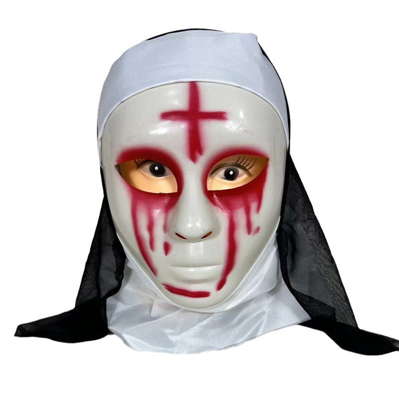 Horror Nun Mask with Black Veil - Terrifying Valak-Style Cosplay Headgear for Halloween Parties and Haunted House Decor