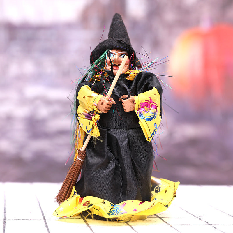 Mini Hanging Witch Doll with Broomstick - 8-inch Spooky Halloween Tree Ornament and Party Favor - Charming Gothic Horror Prop for Home Decor and Gift Bags
