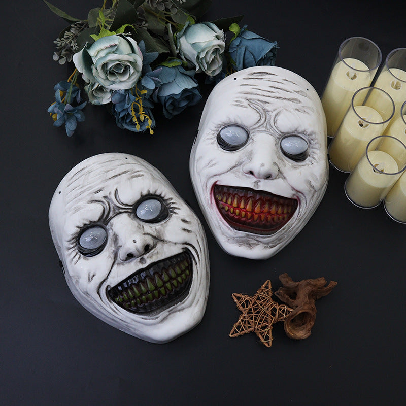 Possessed Demon Girl Mask - Realistic Distorted Face Horror Headgear with Spooky White Eyes for Halloween Cosplay and Haunted House Props