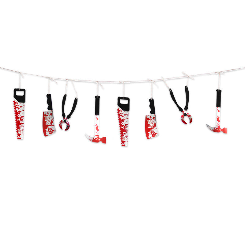 Bloody Slasher Weapon Garland - Realistic Horror Knife Banner and Hanging Pendant Props for Haunted House and Party Wall Decor