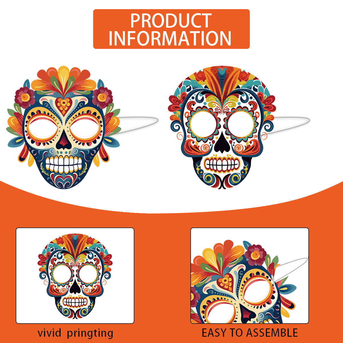 Day of the Dead Sugar Skull Paper Masks - 6-Piece Vibrant Calavera Face Decor for Masquerade Parties, Dance Performances, and Fiesta Celebrations