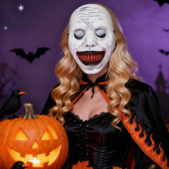 Possessed Demon Girl Mask - Realistic Distorted Face Horror Headgear with Spooky White Eyes for Halloween Cosplay and Haunted House Props