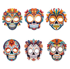 Day of the Dead Sugar Skull Paper Masks - 6-Piece Vibrant Calavera Face Decor for Masquerade Parties, Dance Performances, and Fiesta Celebrations