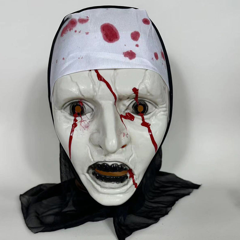 Horror Nun Mask with Black Veil - Terrifying Valak-Style Cosplay Headgear for Halloween Parties and Haunted House Decor