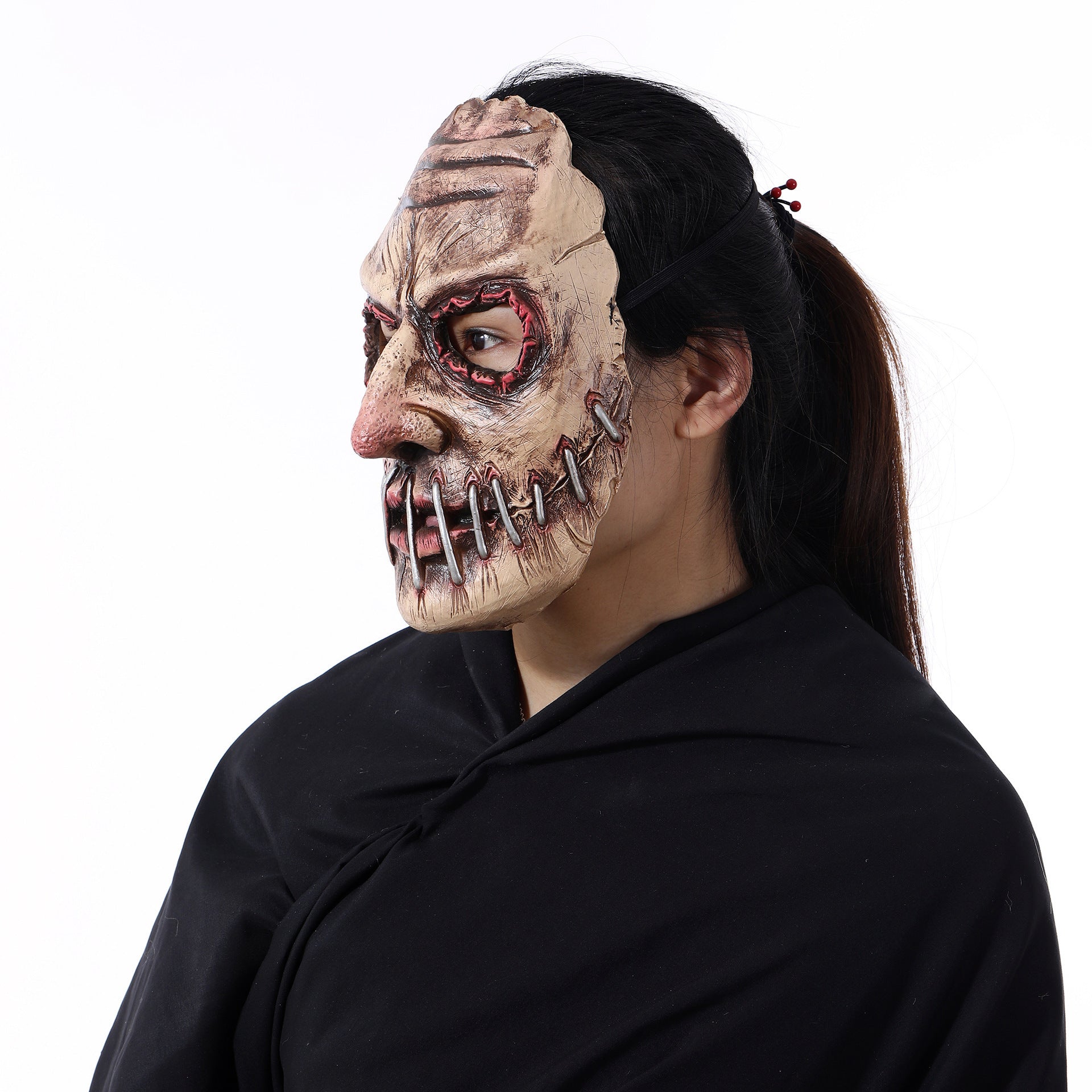 "Nightmare Stalker" Big Mouth Nail Mask - Gruesome Latex Full-Head Hood with Metallic Nail Accents for Haunted Houses and Horror Cosplay
