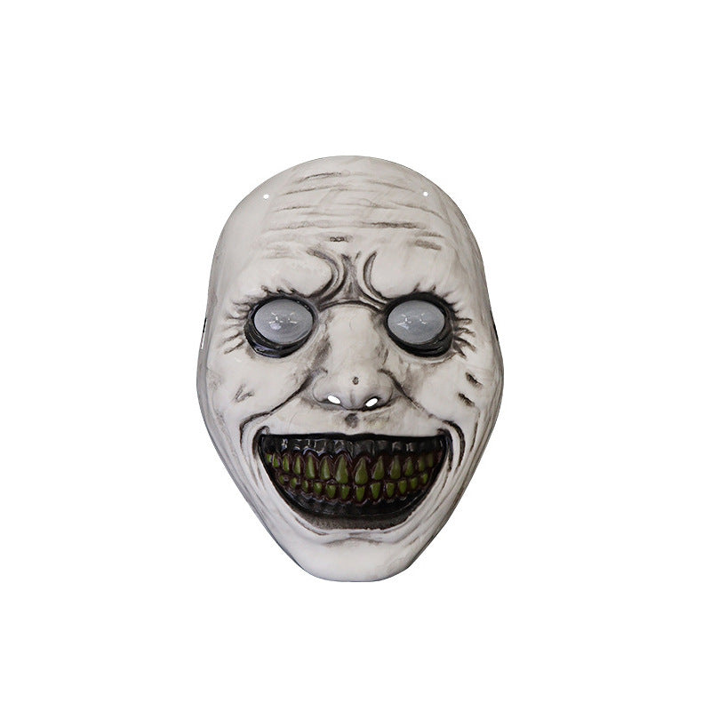 Possessed Demon Girl Mask - Realistic Distorted Face Horror Headgear with Spooky White Eyes for Halloween Cosplay and Haunted House Props