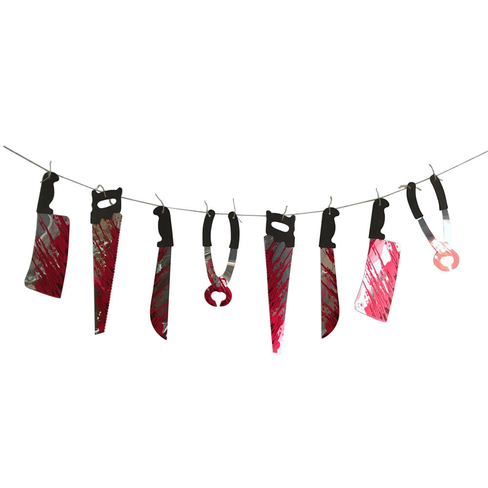 Bloody Slasher Weapon Garland - Realistic Horror Knife Banner and Hanging Pendant Props for Haunted House and Party Wall Decor