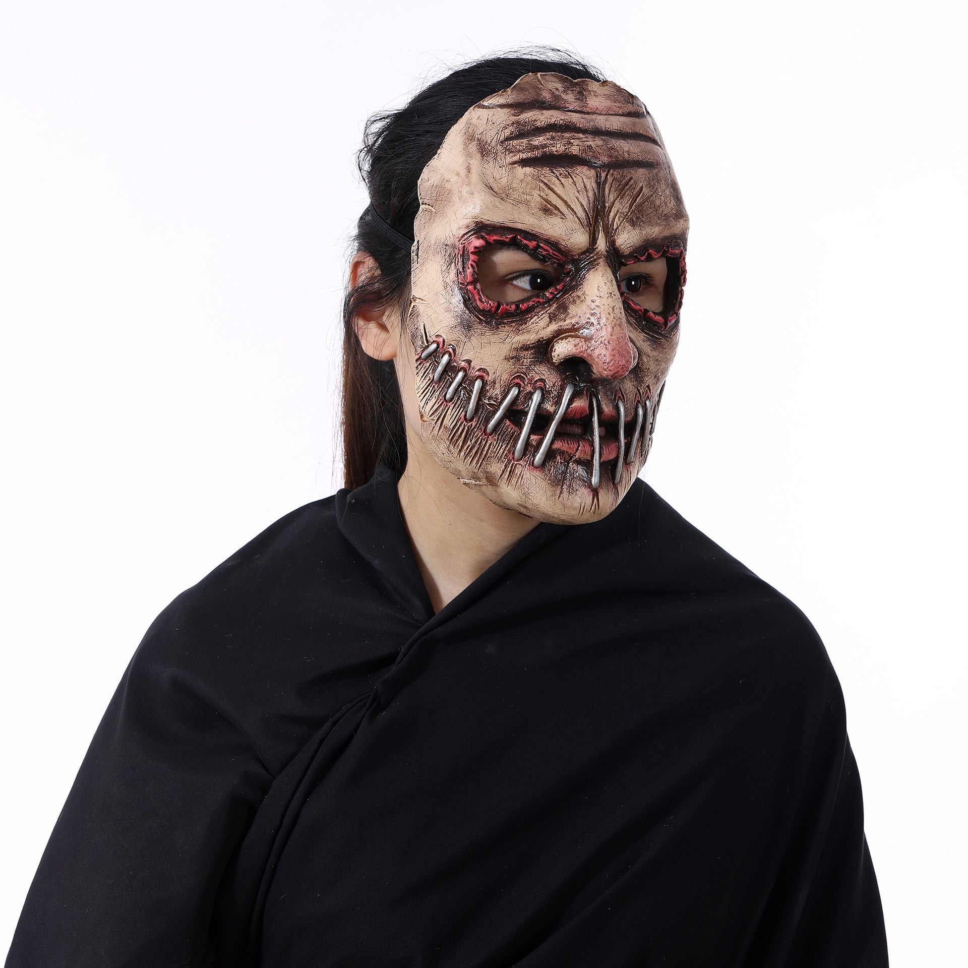 "Nightmare Stalker" Big Mouth Nail Mask - Gruesome Latex Full-Head Hood with Metallic Nail Accents for Haunted Houses and Horror Cosplay