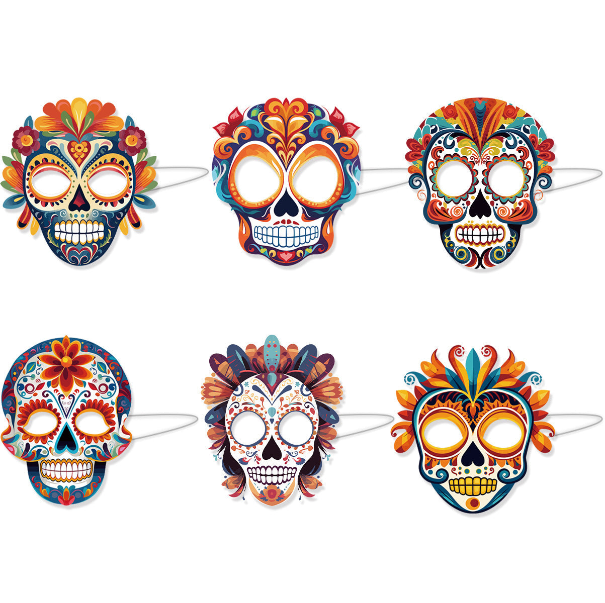 Day of the Dead Sugar Skull Paper Masks - 6-Piece Vibrant Calavera Face Decor for Masquerade Parties, Dance Performances, and Fiesta Celebrations