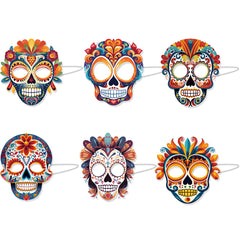 Day of the Dead Sugar Skull Paper Masks - 6-Piece Vibrant Calavera Face Decor for Masquerade Parties, Dance Performances, and Fiesta Celebrations