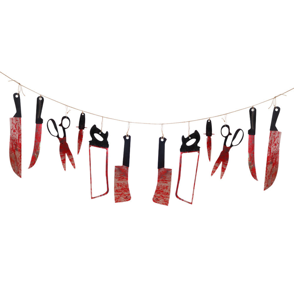 Bloody Slasher Weapon Garland - Realistic Horror Knife Banner and Hanging Pendant Props for Haunted House and Party Wall Decor
