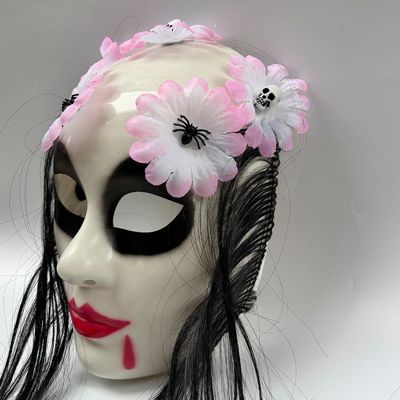 Gothic Day of the Dead Female Ghost Mask - Realistic Long-Haired Sugar Skull Veiled Headwear - Haunting Masquerade Party Costume & Haunted House Prop