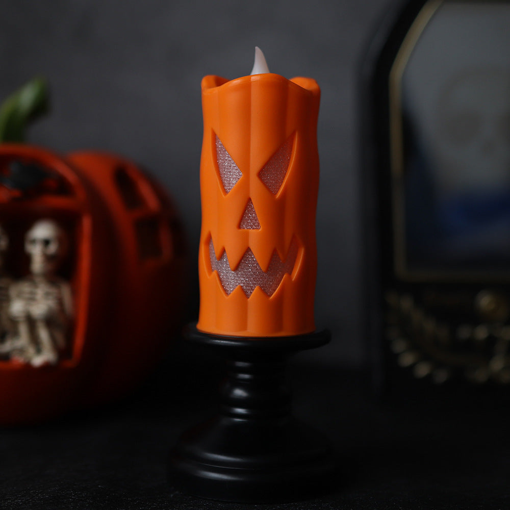 Halloween LED Skull & Pumpkin Candle Lamps - Battery-Operated Flameless Candlestick Props - Spooky Horror Tabletop Ornaments for Haunted House Decor and Gothic Party Atmosphere