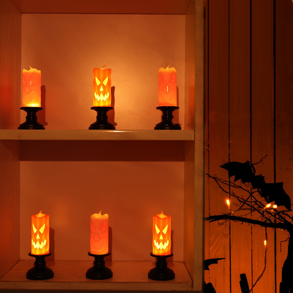 Halloween LED Skull & Pumpkin Candle Lamps - Battery-Operated Flameless Candlestick Props - Spooky Horror Tabletop Ornaments for Haunted House Decor and Gothic Party Atmosphere